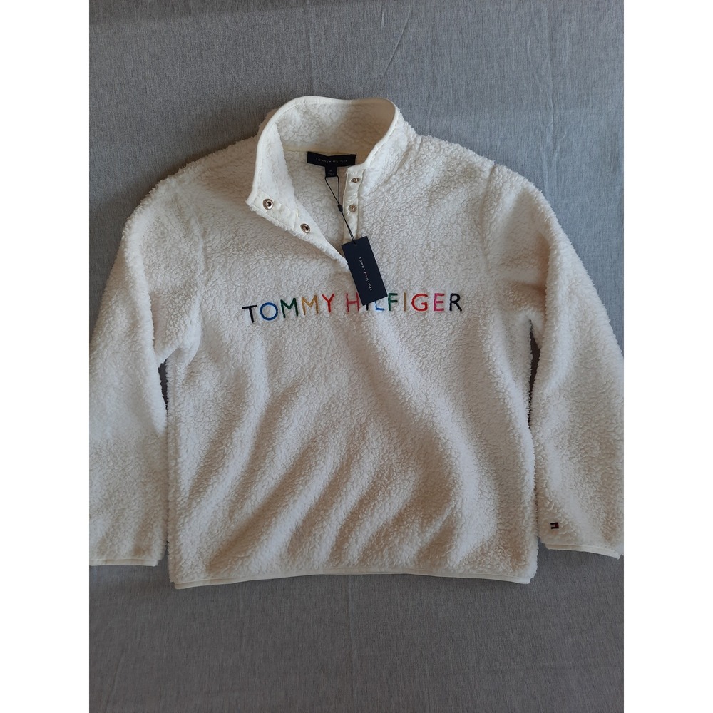 Tommy Hilfiger Womens Medium Sherpa Pullover Sweater Snap Button Cowl Neck Cream